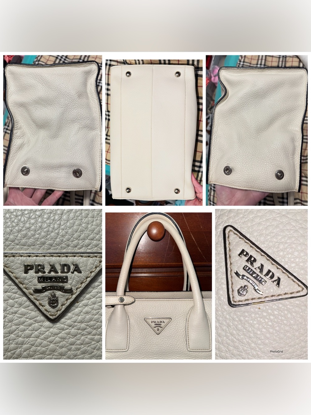 Prada AUTHENTIC Talco Off White Vitello Daino Textured Leather Tote Bag - Picture 11 of 16